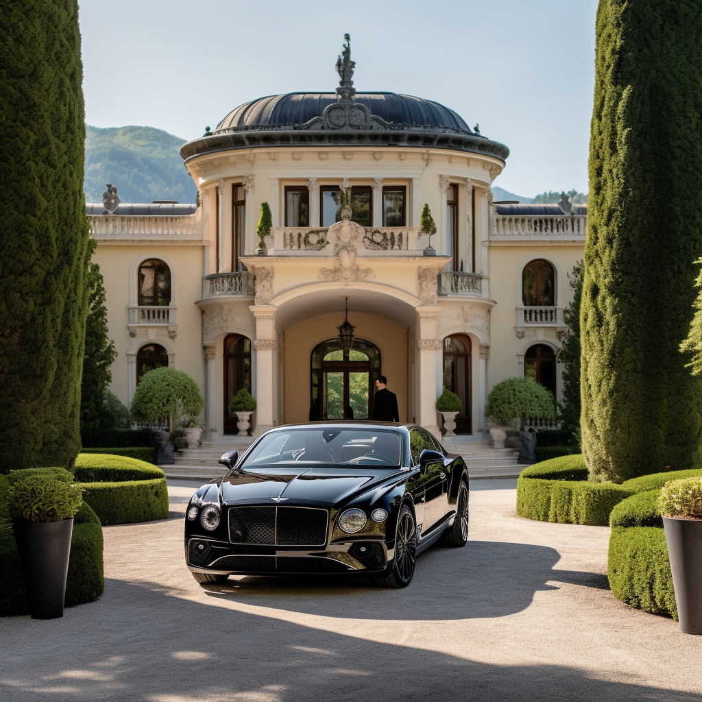 Black Bentley parked at a luxurious villa