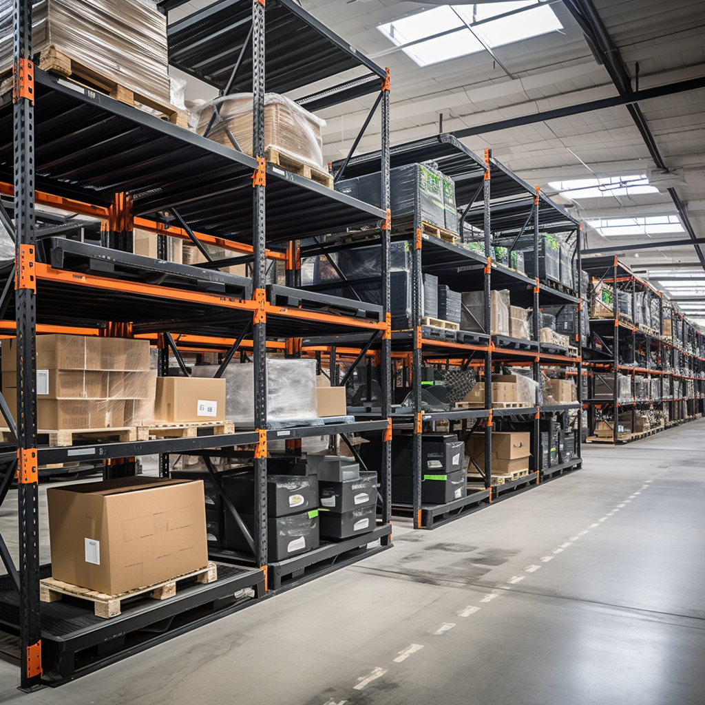 Black bins on warehouse shelves