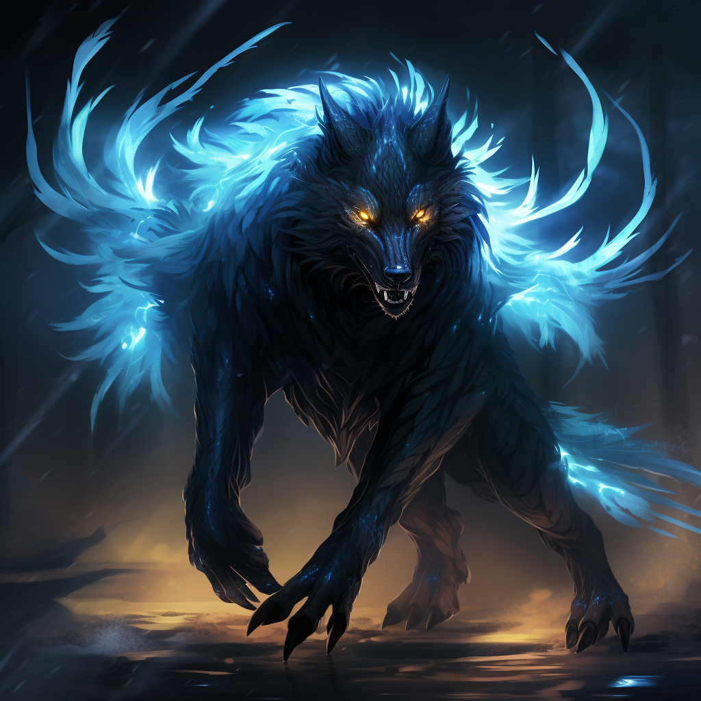 Glowing black and blue wolf monster