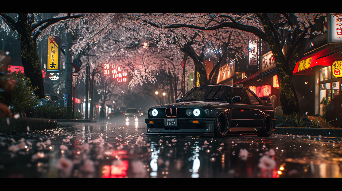 Black BMW M3 driving in Japanese street at night in the rain