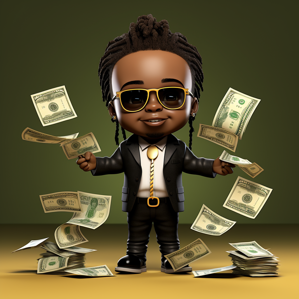 Cartoon image of black boss baby with dreads and hundred dollar bills