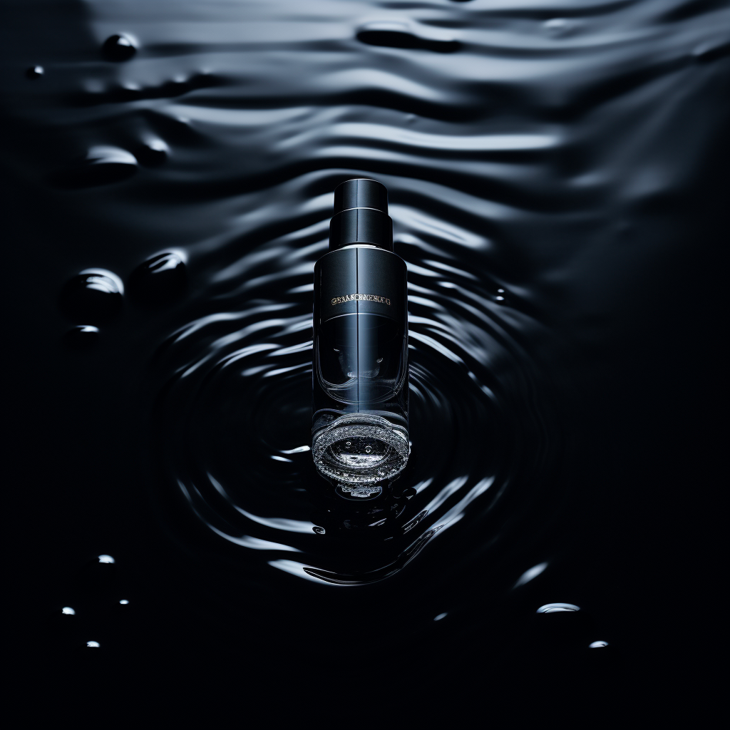 Black perfume bottle floating above water