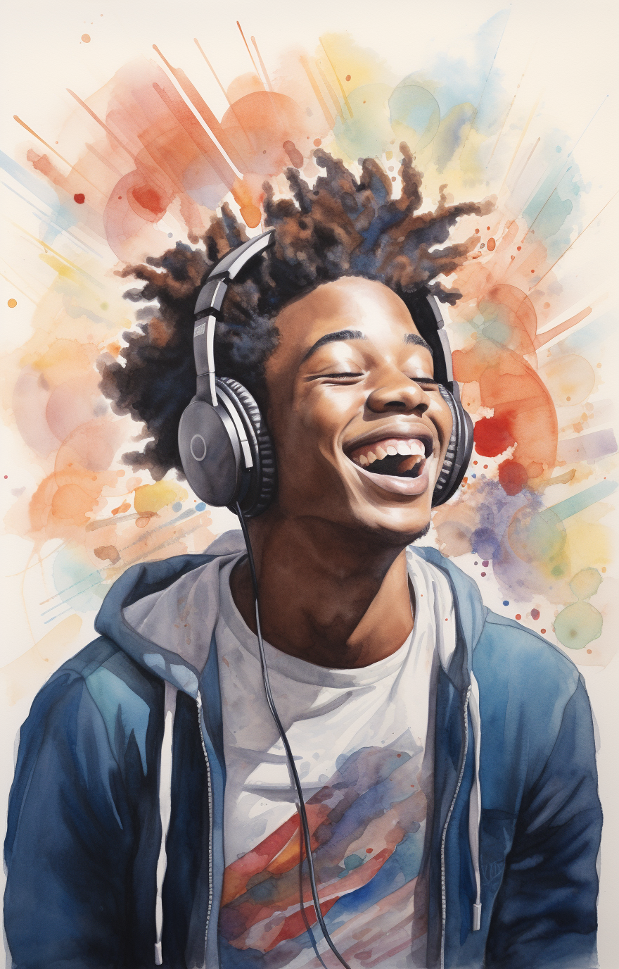 Illustration of a happy black boy listening to music