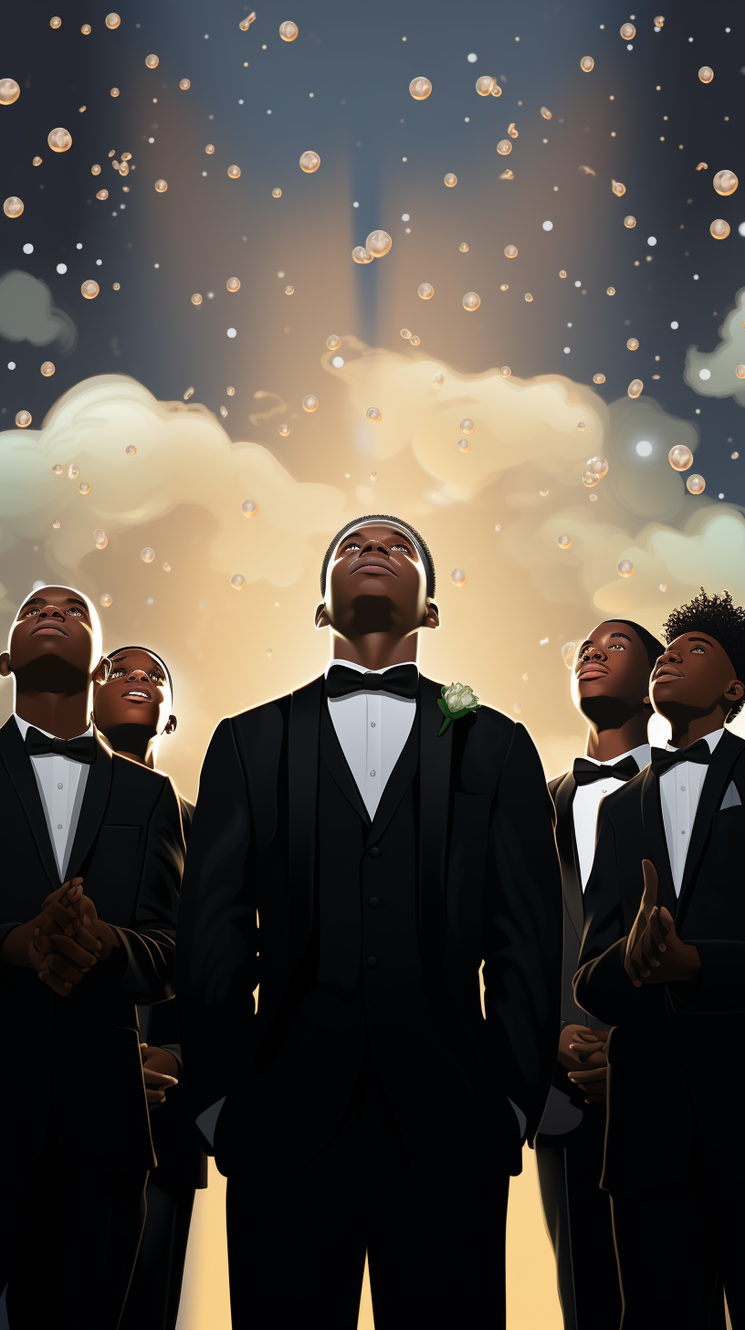 Black boy in a tuxedo looking at the sky.