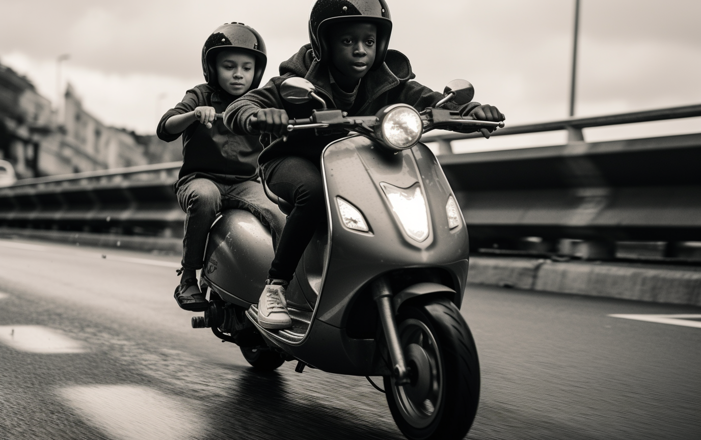 Two black boys speeding on a scooter through traffic