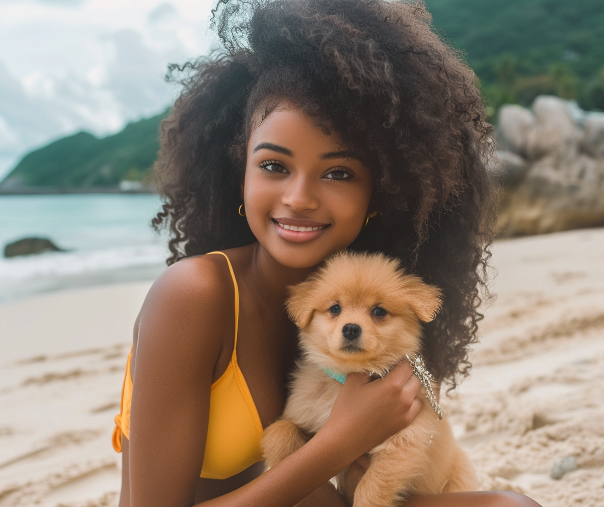 Black Brazilian Woman with Pomeranian Puppy