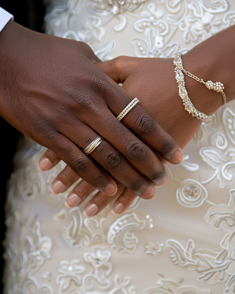 Black bride and groom hands with wedding rings