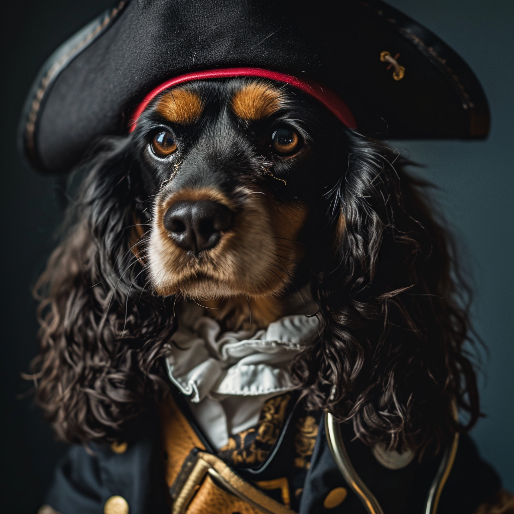 Adorable Cocker Spaniel dressed as a pirate with stethoscope