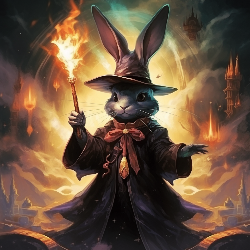 Adorable black bunny rabbit wizard casting a spell