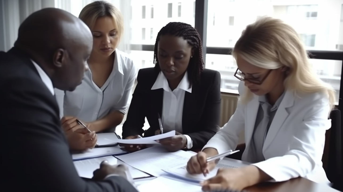 Black businesspeople discussing charts and paperwork