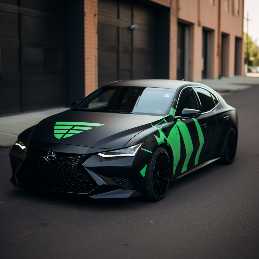 Black car with green Ethereum classic vinyl wrap