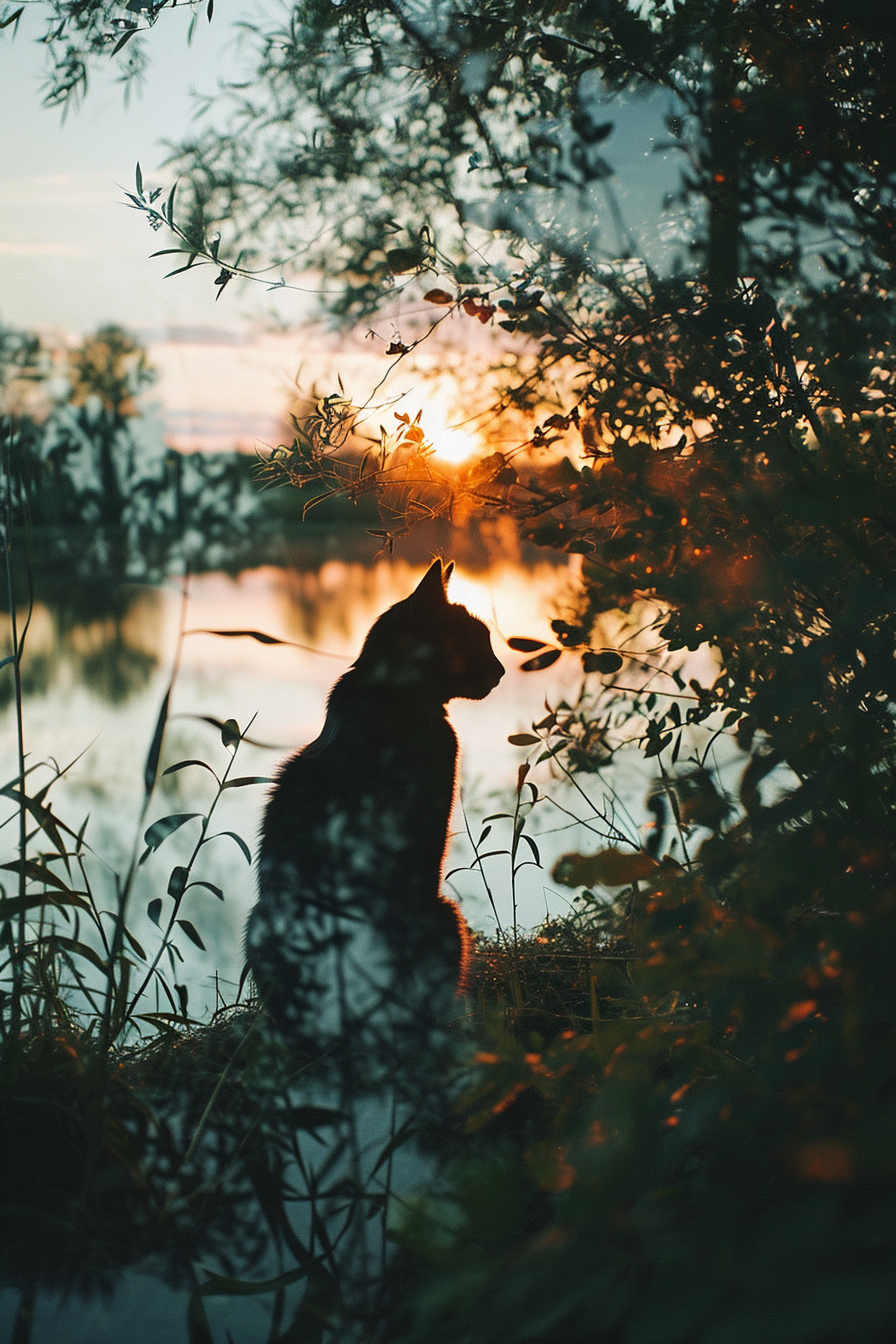 Black Cat and Sunset by the River