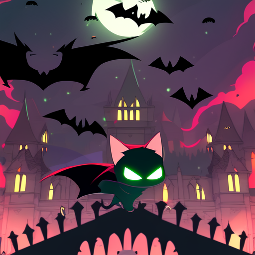 Black cat with bat wings in vampire castle