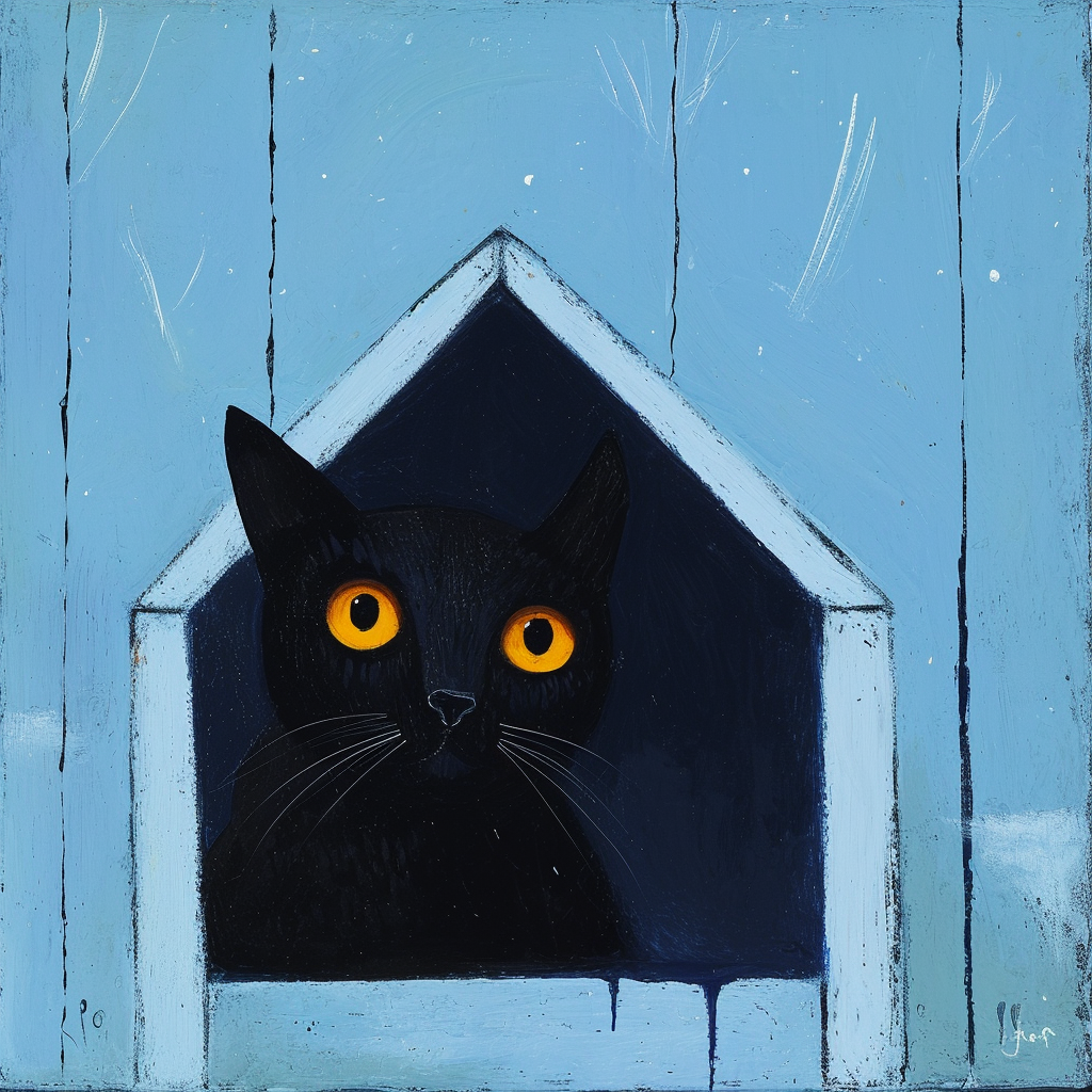 Black cat on blue background in winter