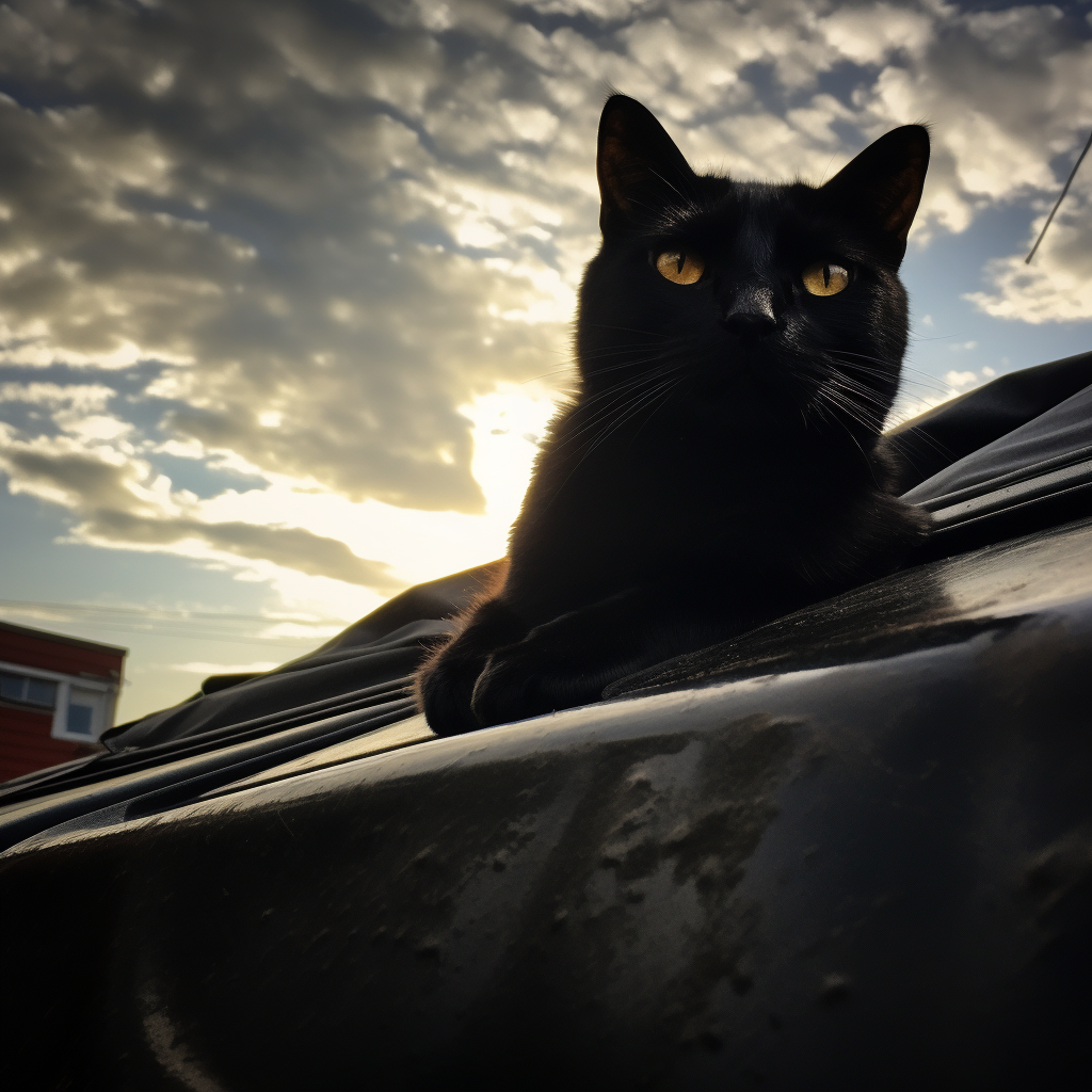 Black cat on car hood