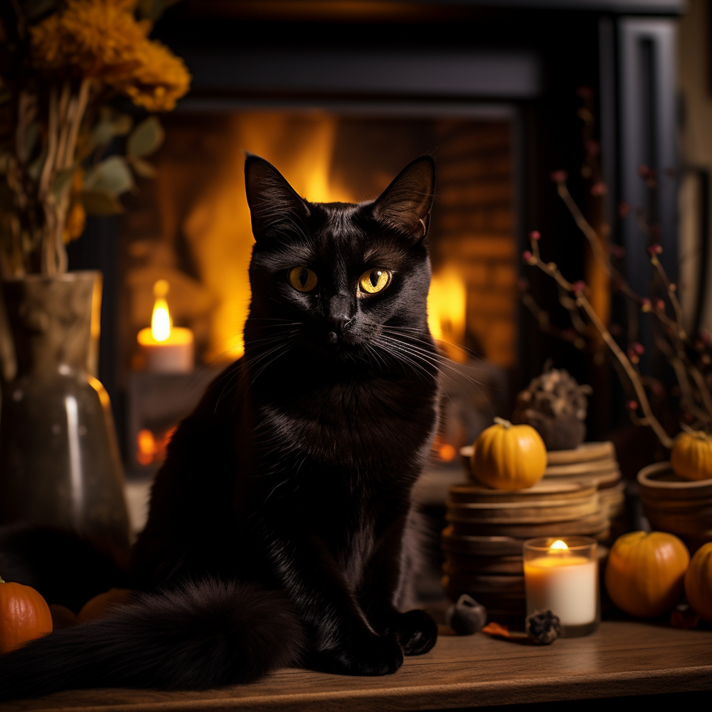 Black cat enjoying warmth of fireplace