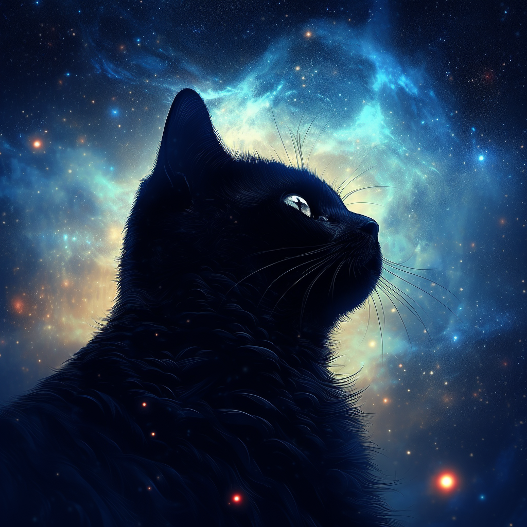 Black cat imagining a galaxy