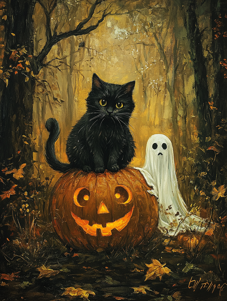 Spooky Black Cat Ghost Pumpkin