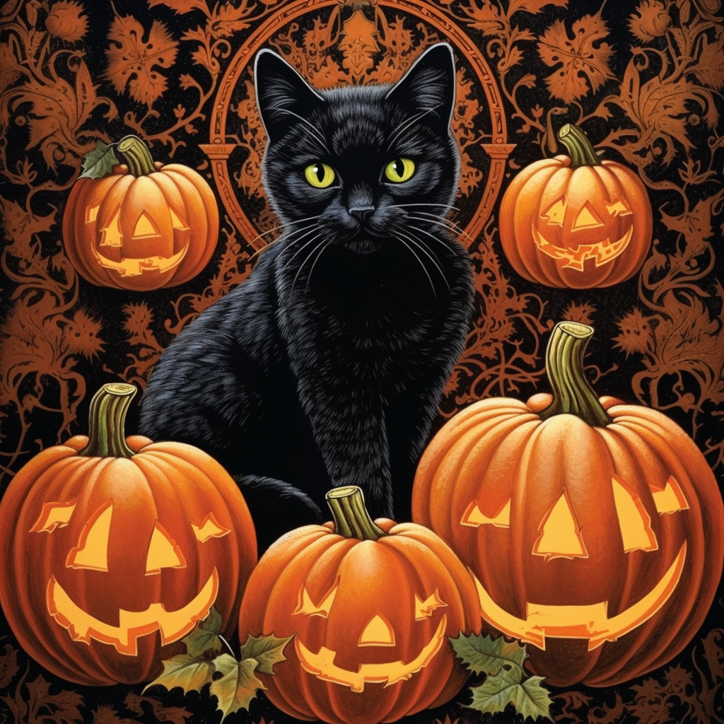 Black cat with Halloween pumpkin brocade