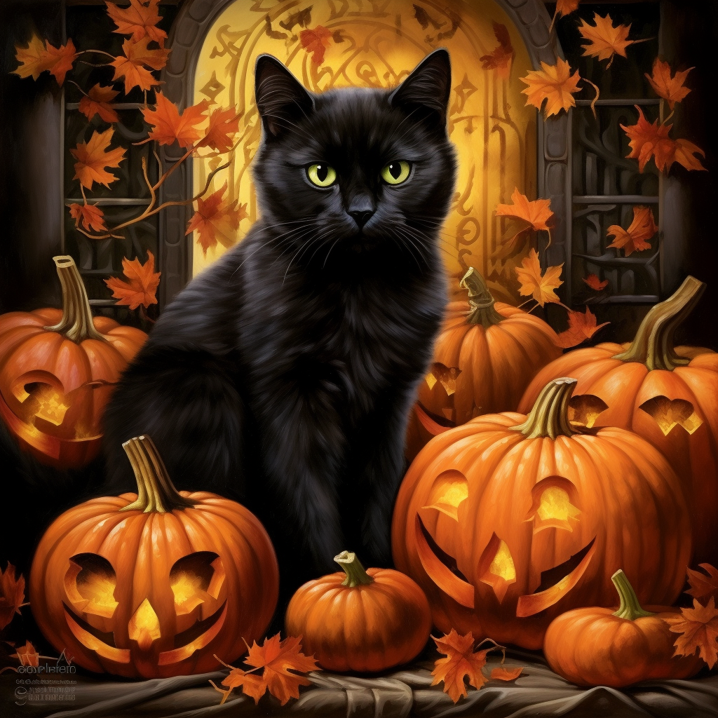 Black cat wearing Halloween pumpkin cloth textiles