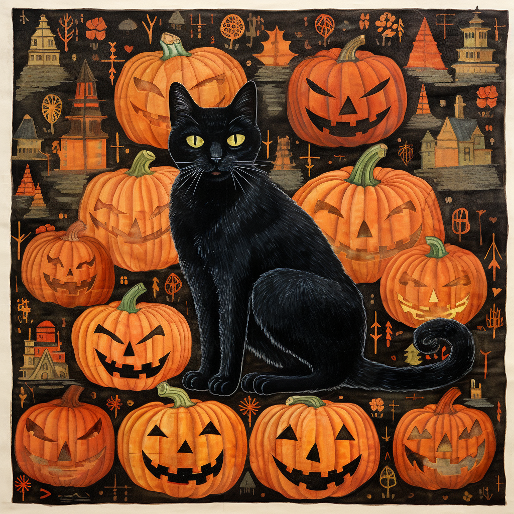 Black cat with Halloween pumpkin kantha.