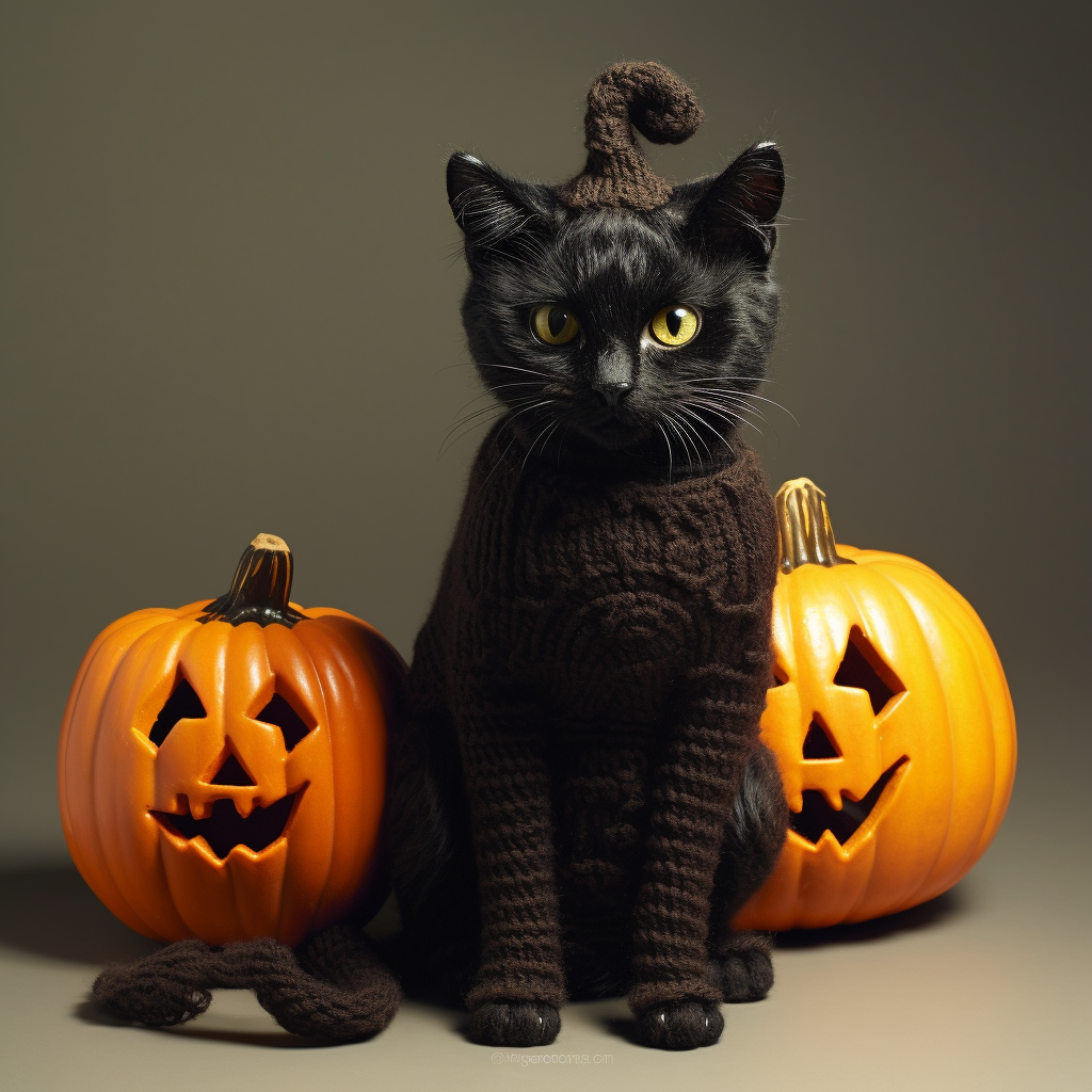 Adorable black cat and Halloween pumpkin in knitted art