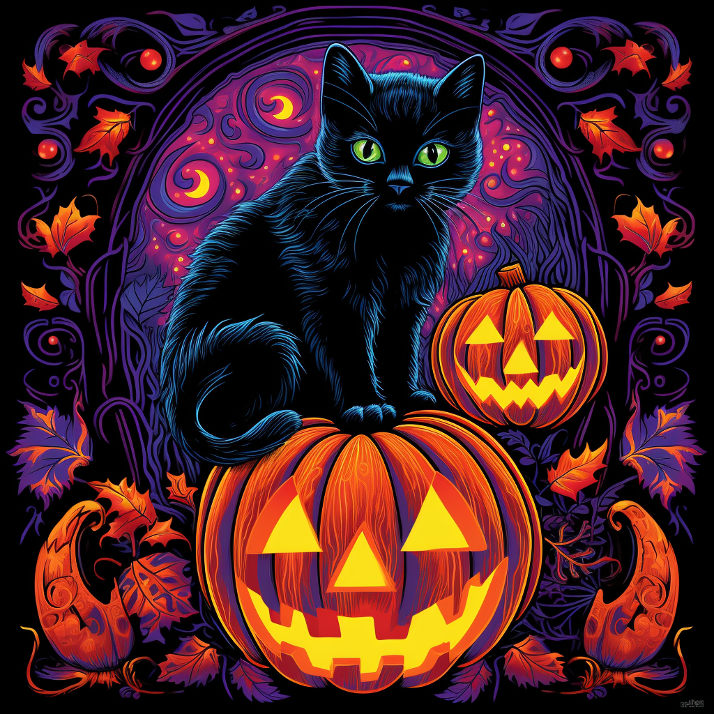 Black cat and Halloween pumpkin in black light