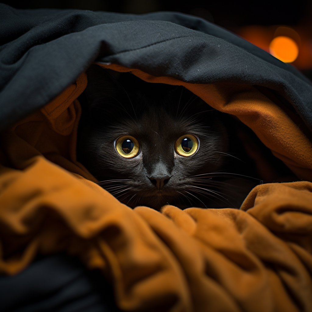 Adorable black cat wrapped in a blanket