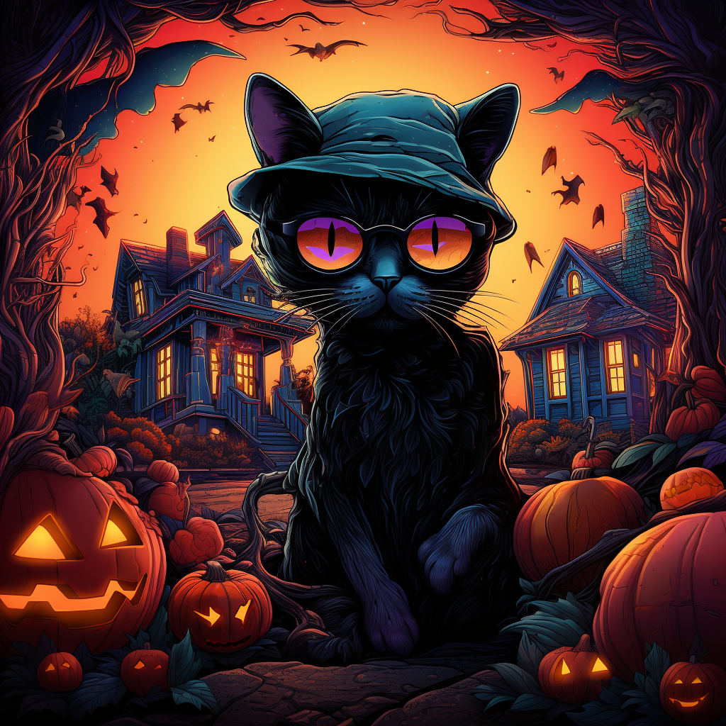 Black cat wearing sunglasses in front of haunted house