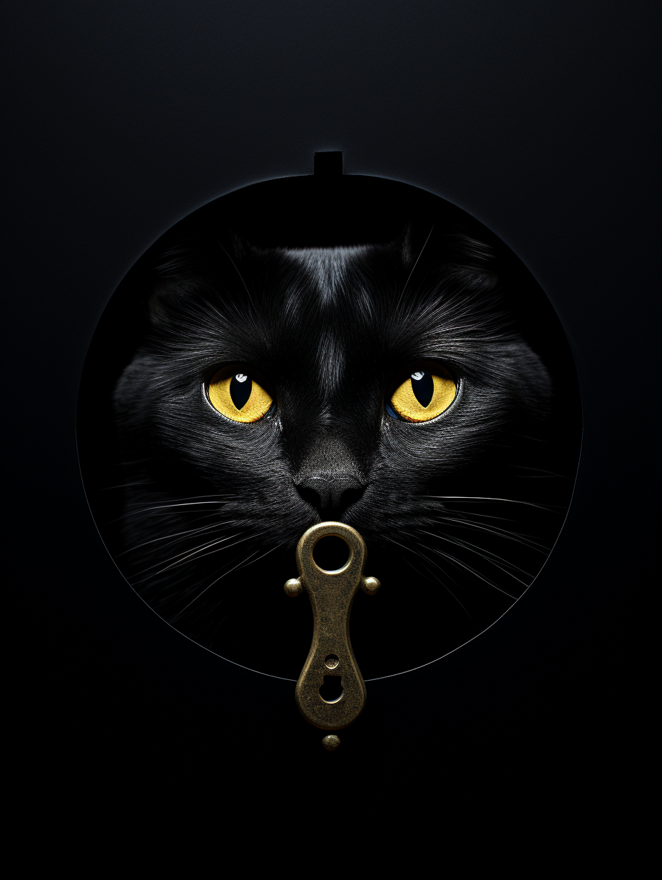 Black cat peeking through keyhole