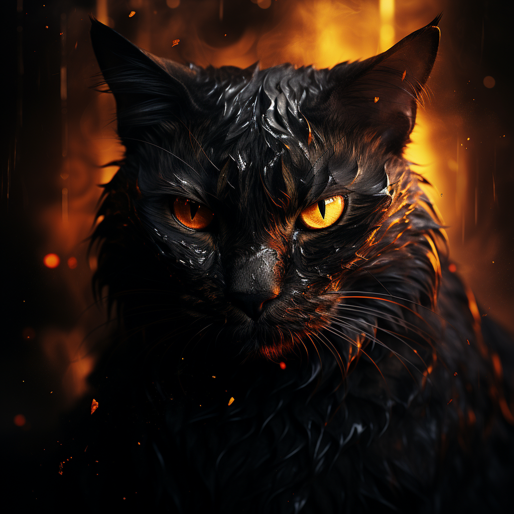 Majestic black cat with fiery scars and hopeful golden eyes