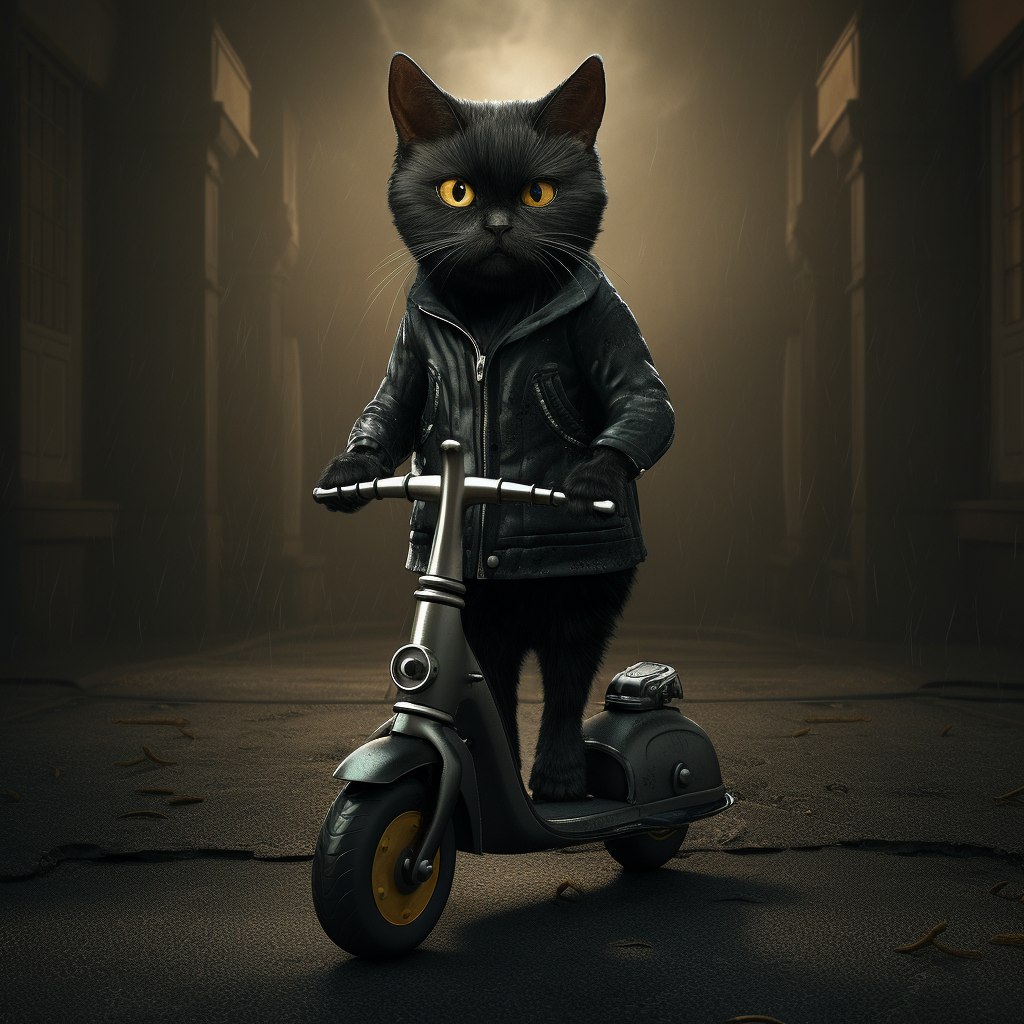 Black cat on kids scooter