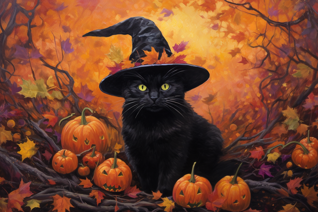 Charming black cat in a witch hat surrounded by vibrant fall colors