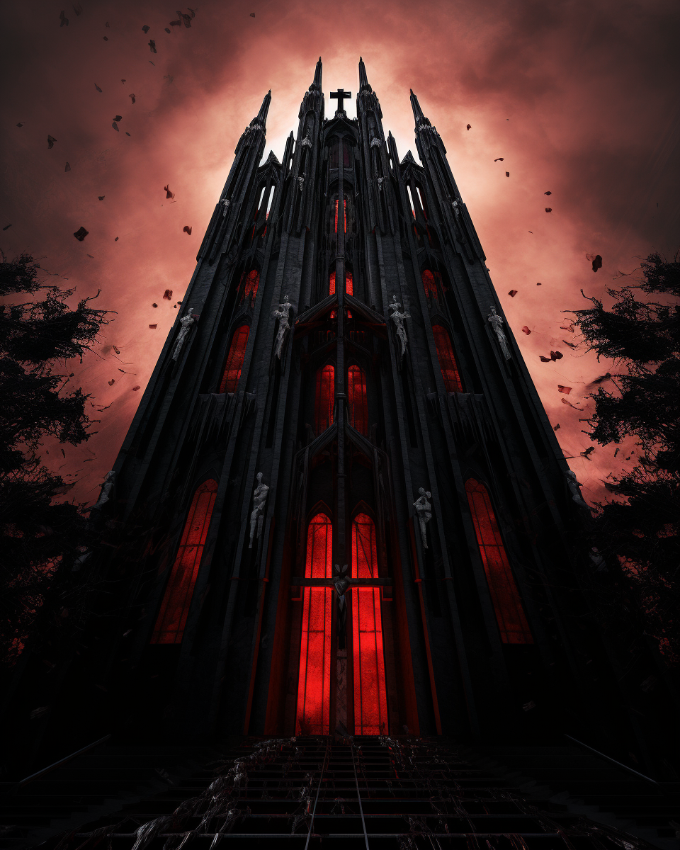 Dark ominous cathedral with cross on tower