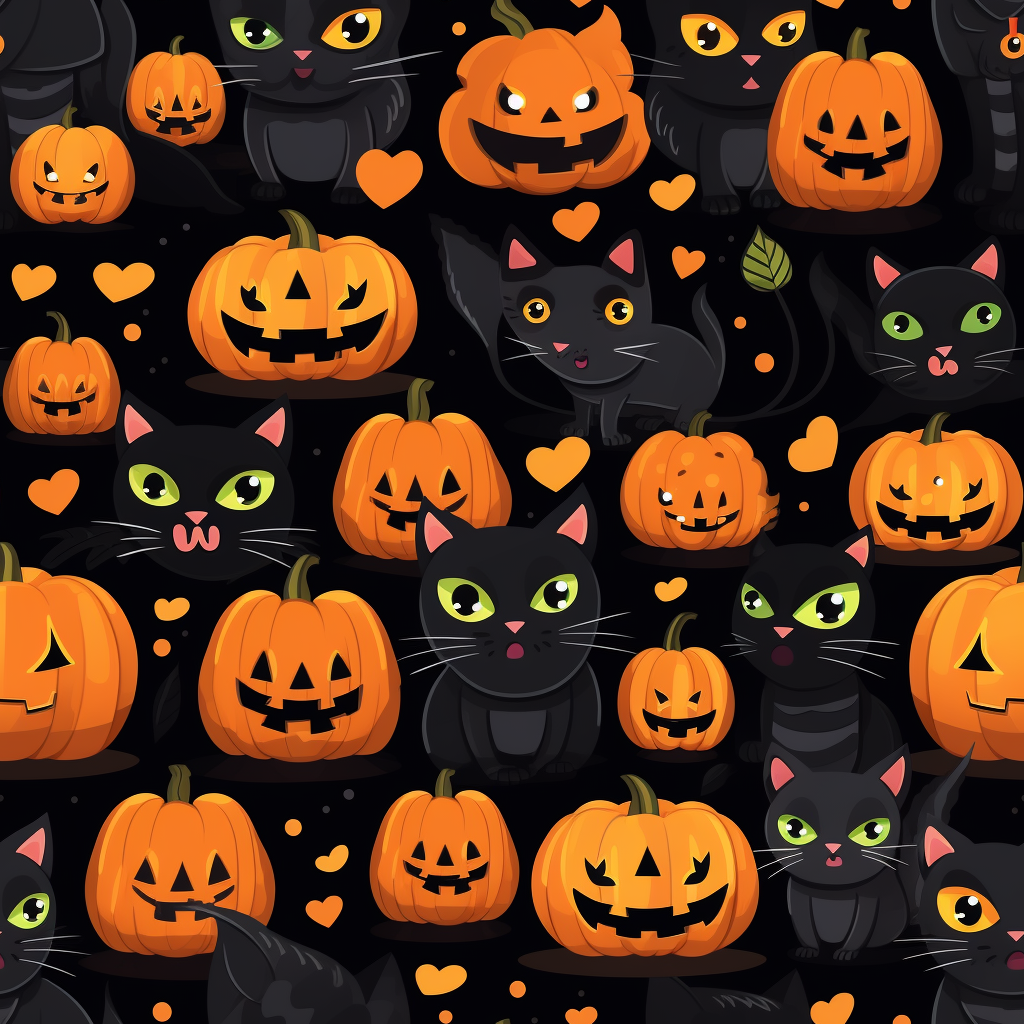 Halloween Pattern with Black Cats and Jack-O-Lanterns