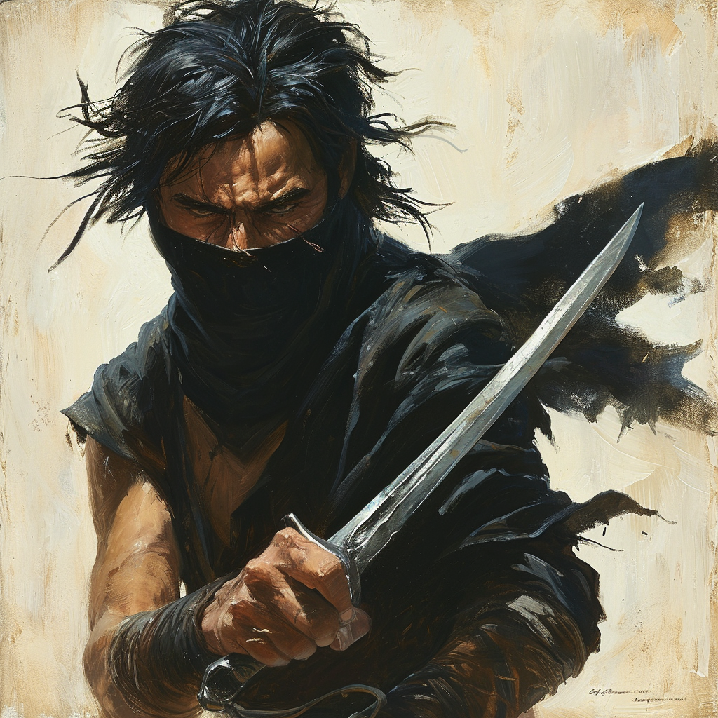 Illustration of a Scarred Human Bandit with a Curved Knife