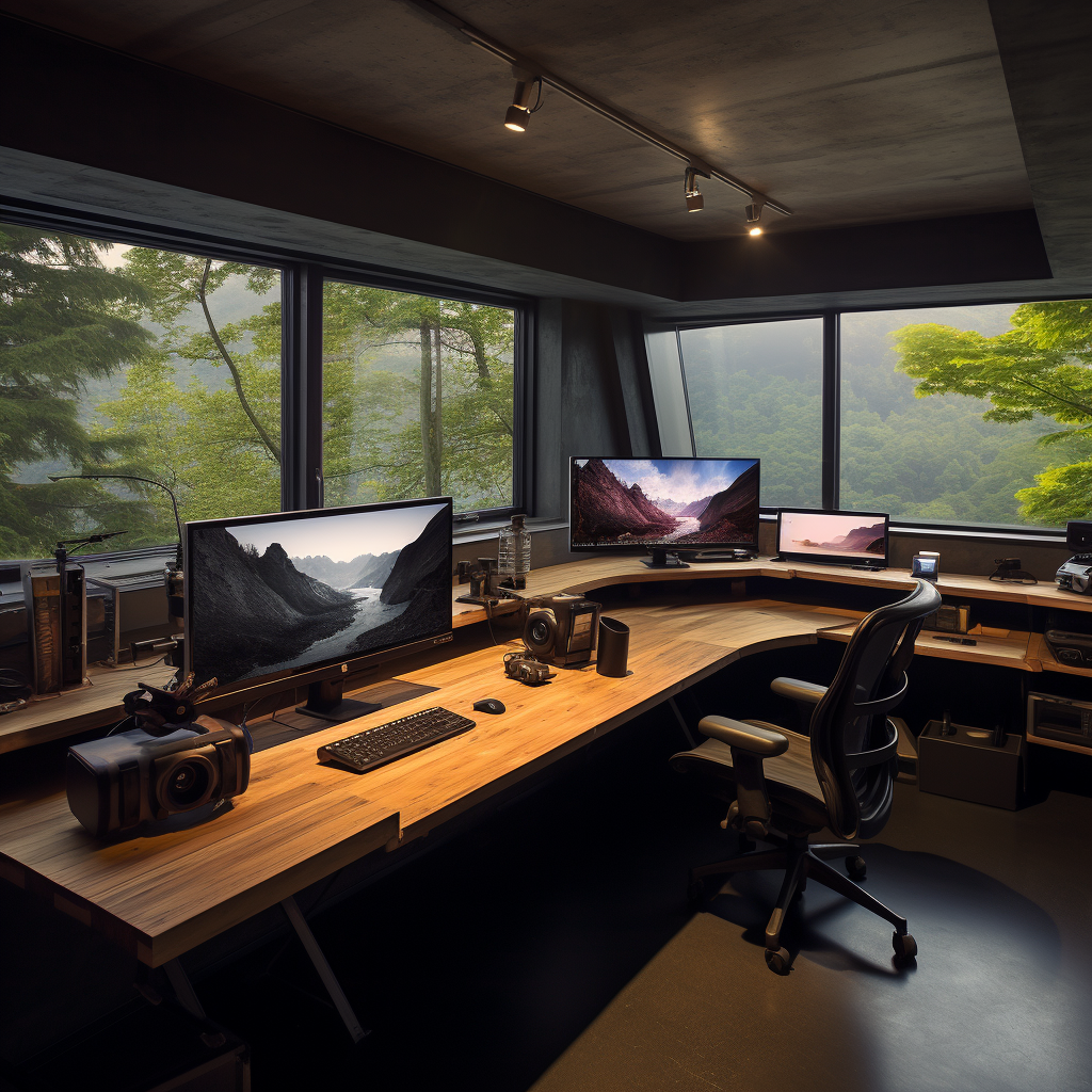 Stylish black concrete  L  desk room with monitors and windows