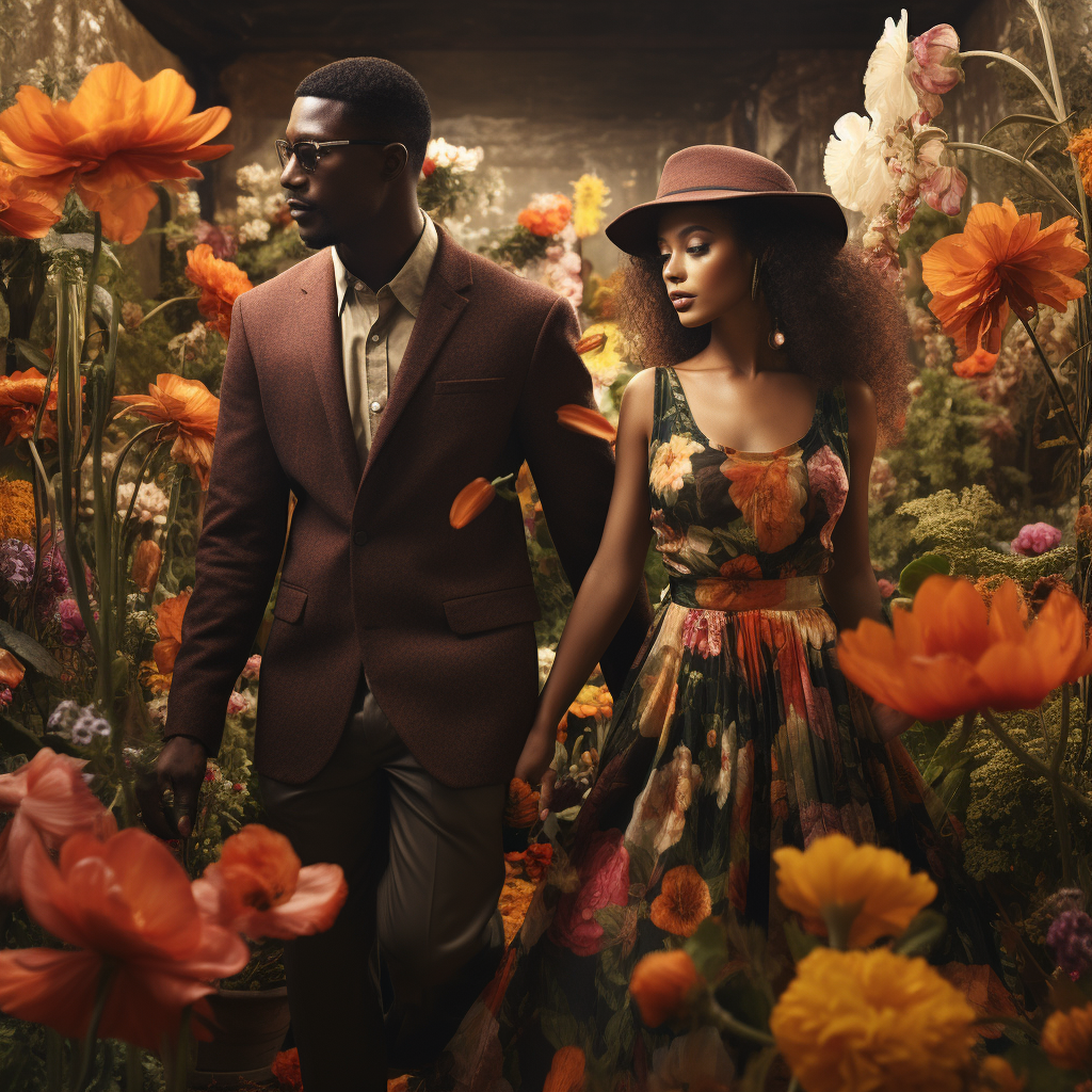 Black couple walking in flower garden