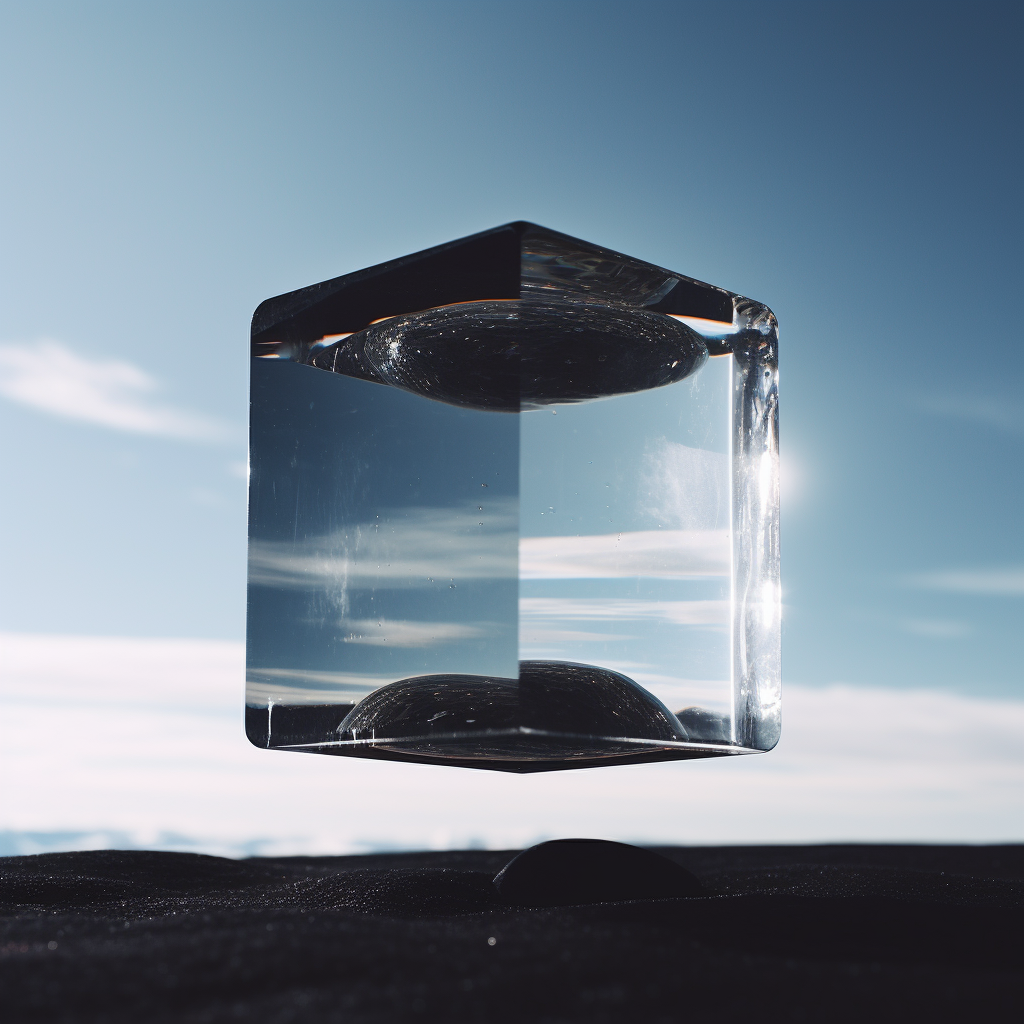 Black cube inside glass sphere in the sky