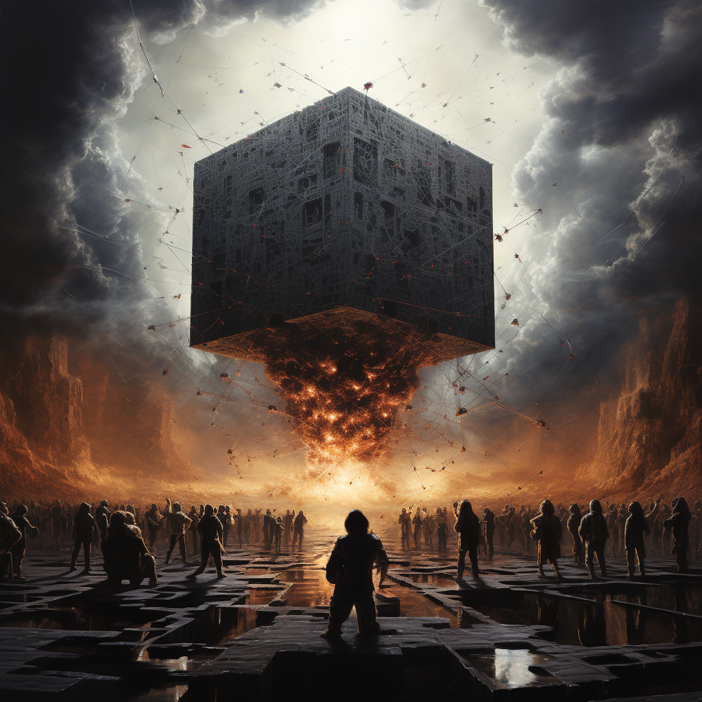 Occultism: Black cube with people during war