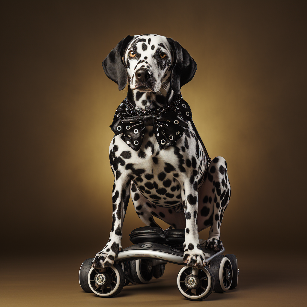 Playful black Dalmation on rollerskates