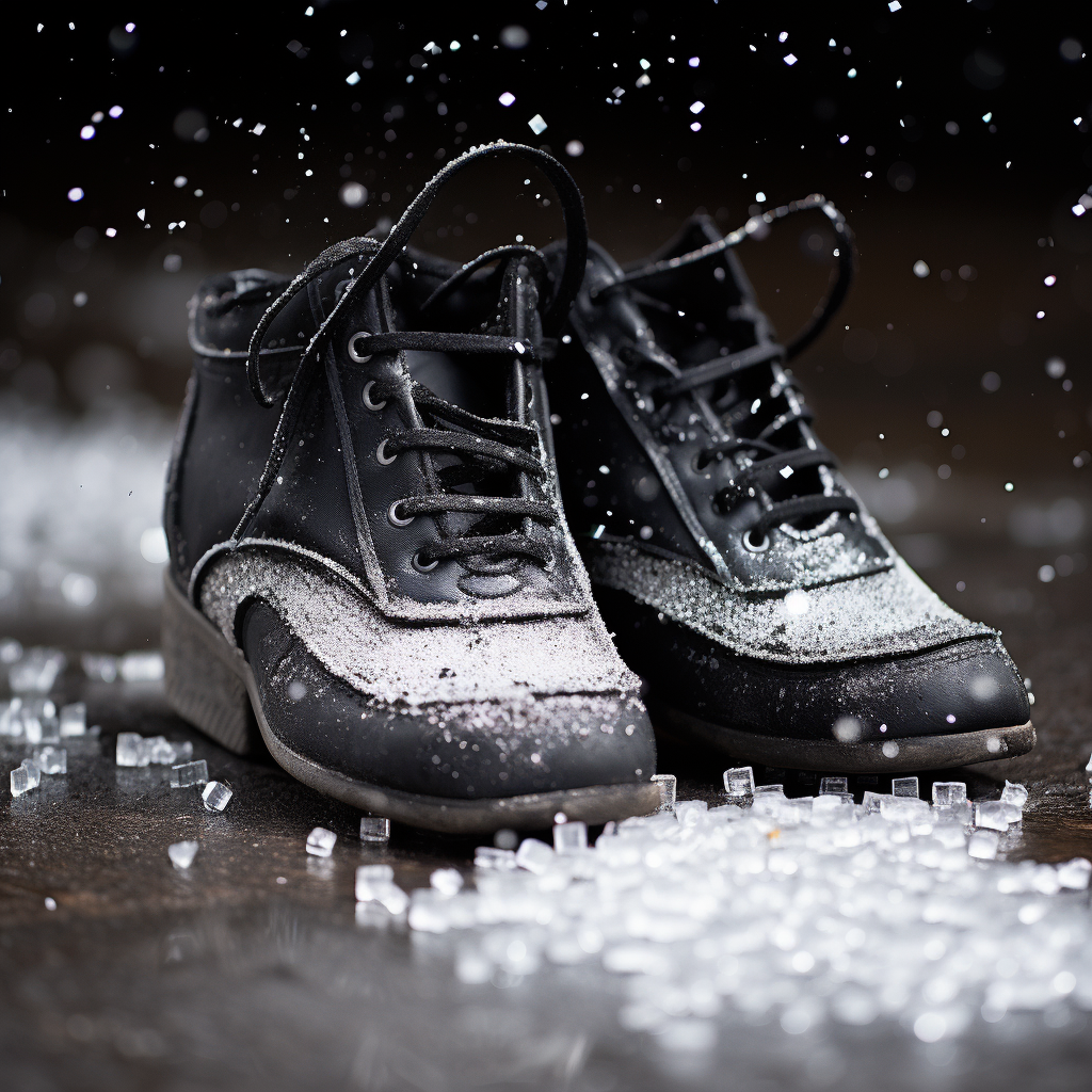 frosty snowflakes on black dance shoes