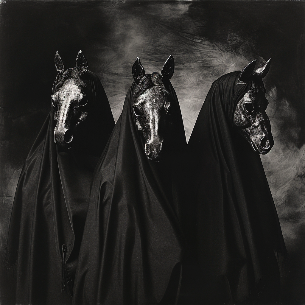 Nuns wearing black horse masks