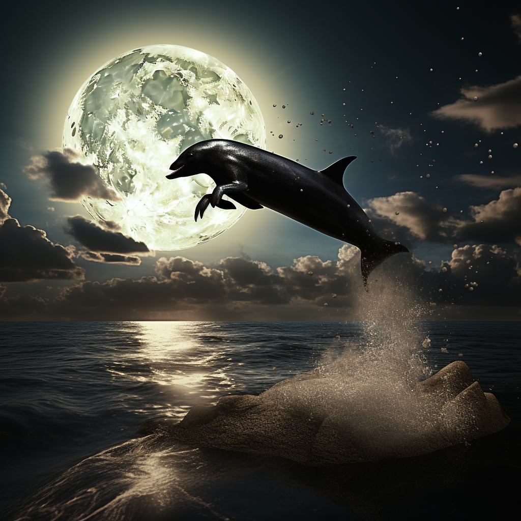 Exciting image of black dog jumping over moon with dolphin