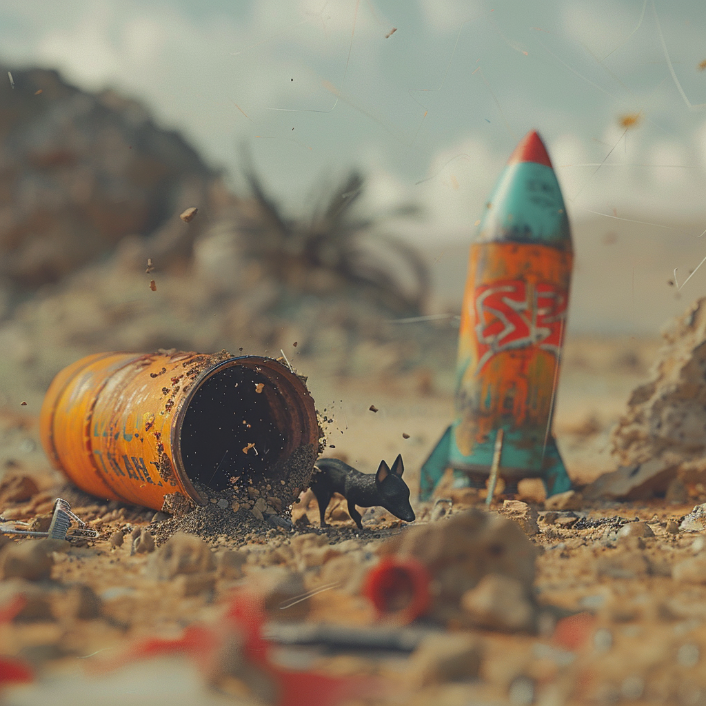 Black dog with tin can rocket in desert