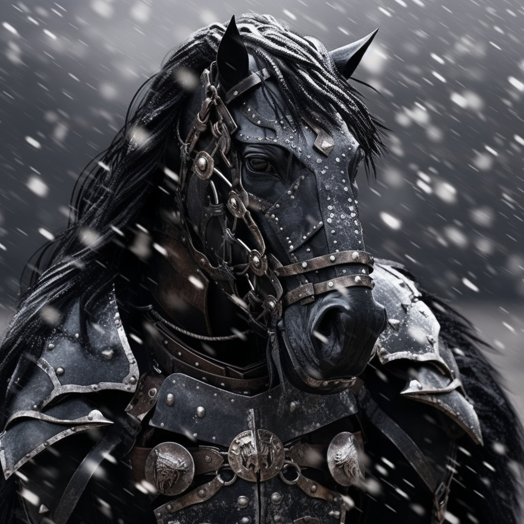 Powerful black draft horse in snow