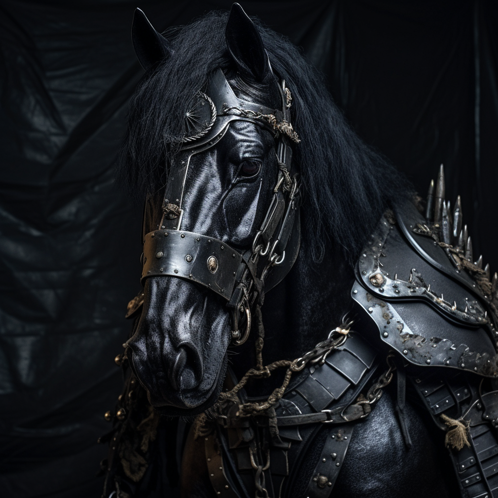 Black Draft Horse in Leather Armor with Stunning Eyes