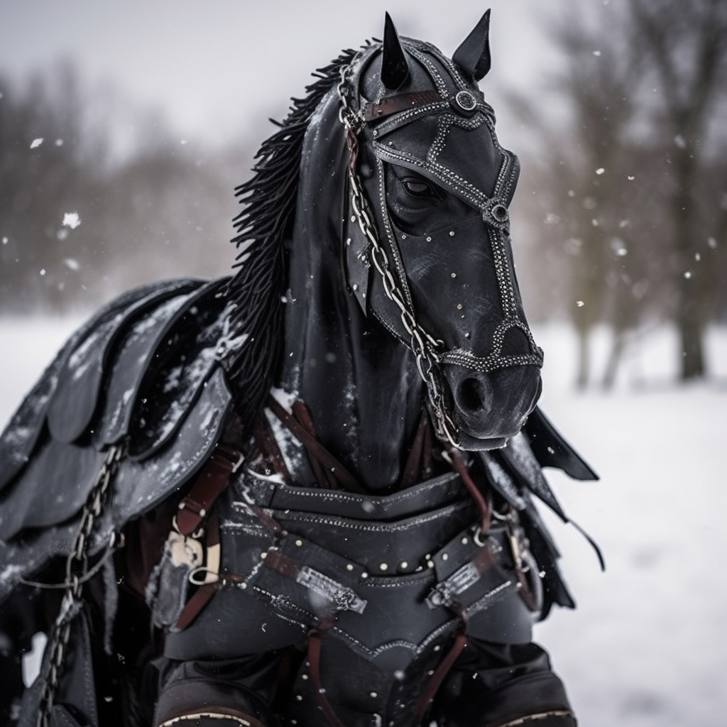 A leather-armored black draft horse with stunning eyes