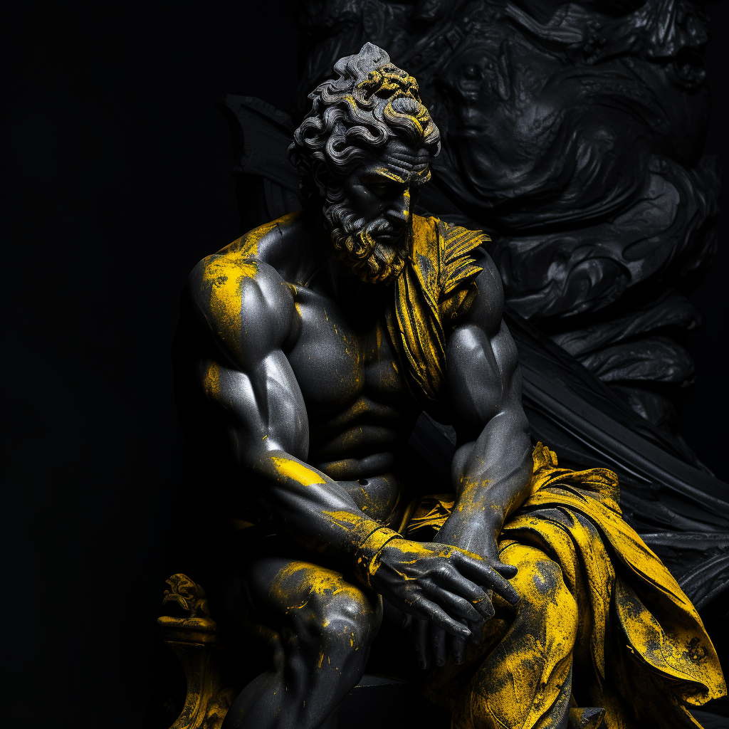 Dramatic black and white statue with yellow paint