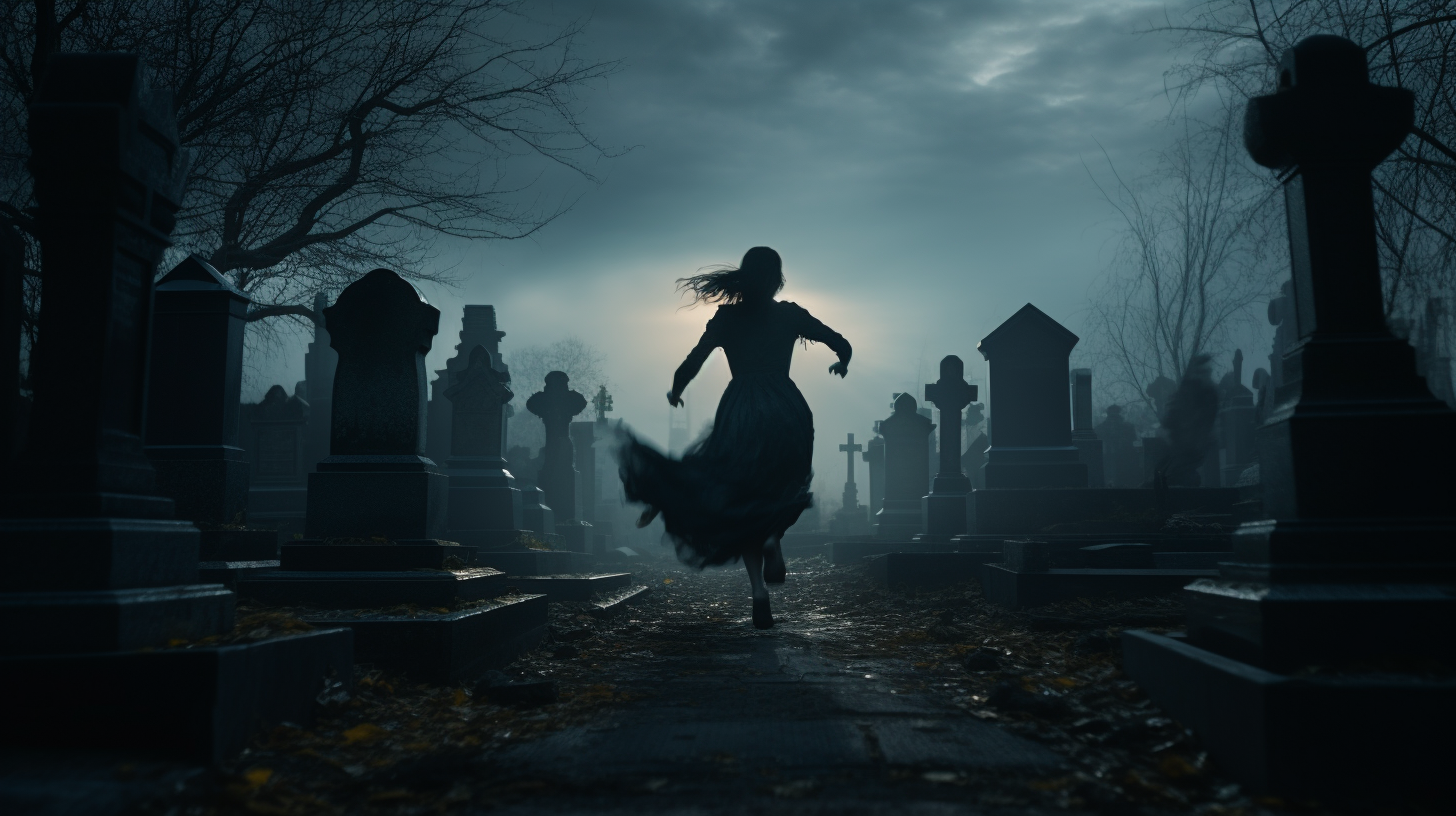 Girl in Black Dress Running in Graveyard